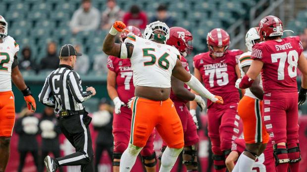 Sep 23, 2023; Philadelphia, Pennsylvania, USA; Miami Hurricanes defensive lineman Leonard Taylor III (56) celebrates his sack in the second half against the Temple Owls at Lincoln Financial Field.